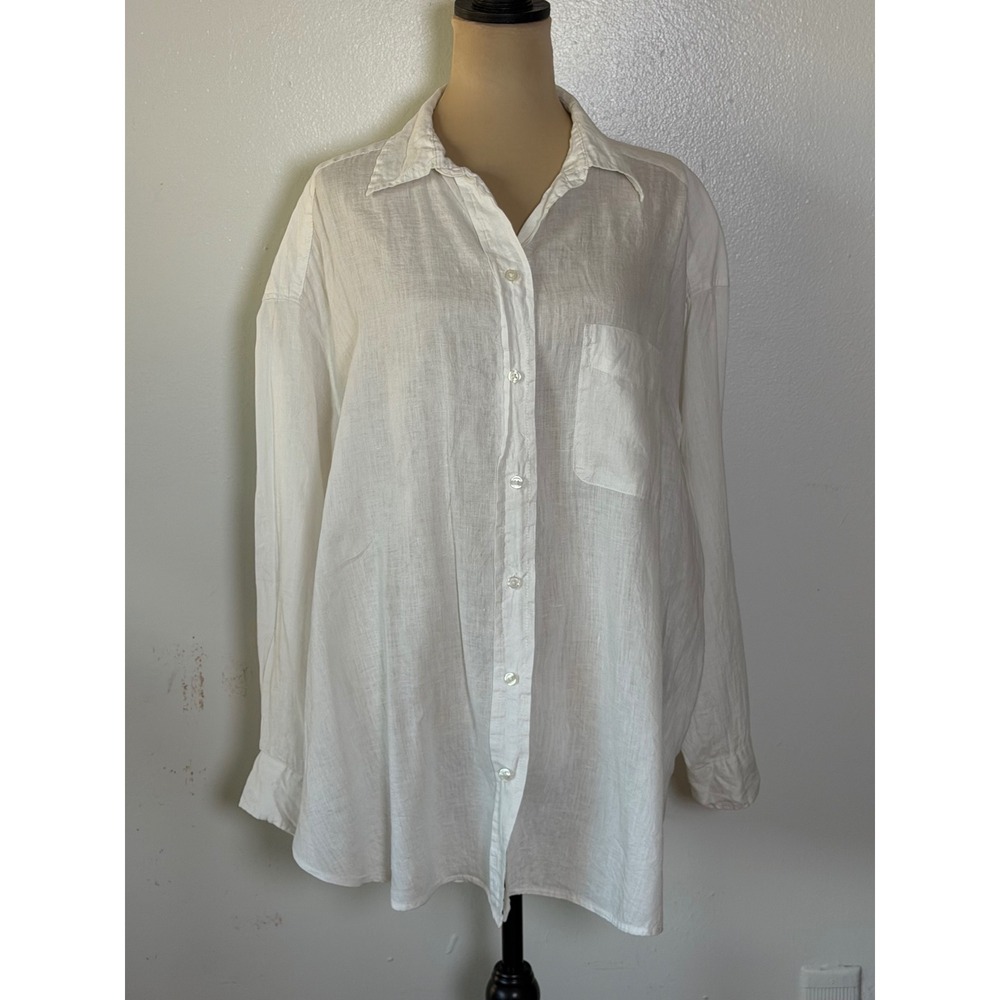 H&M White 100% Linen Oversized Button Down Shirt Size Large vacation resort wear